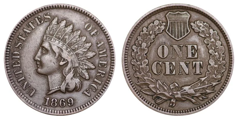 1869 Indian Head penny obverse and reverse showing Liberty head design and ONE CENT wreath
