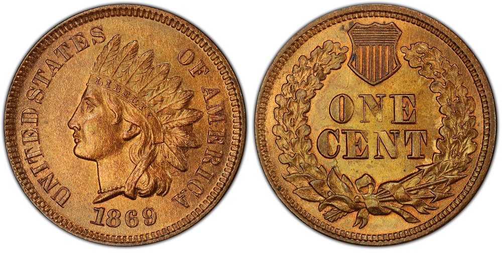 Side-by-side comparison: regular 1869 Indian Head penny date vs 1869/9 overdate showing repunched digit impressions above the primary 9