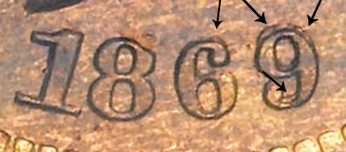 1869/9 Indian Head penny overdate showing repunched secondary digit impressions above the primary date numerals