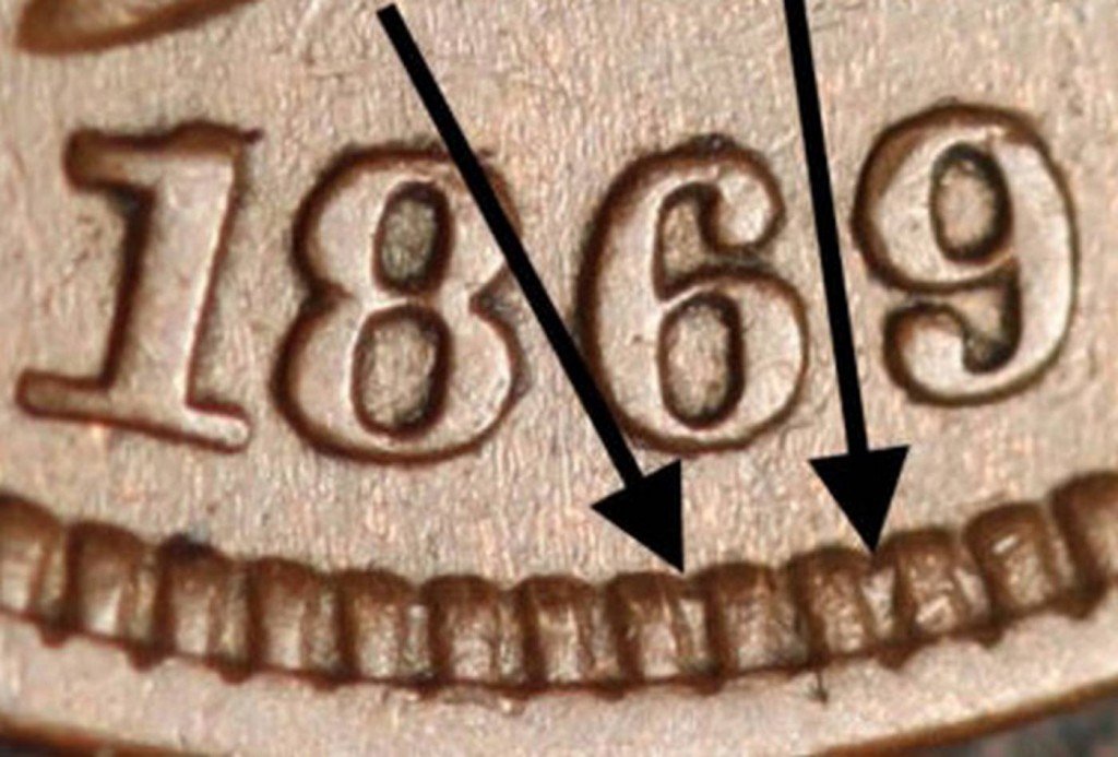 1869 Indian Head penny Snow-8 misplaced date variety showing faint digit tops in the denticles below the date