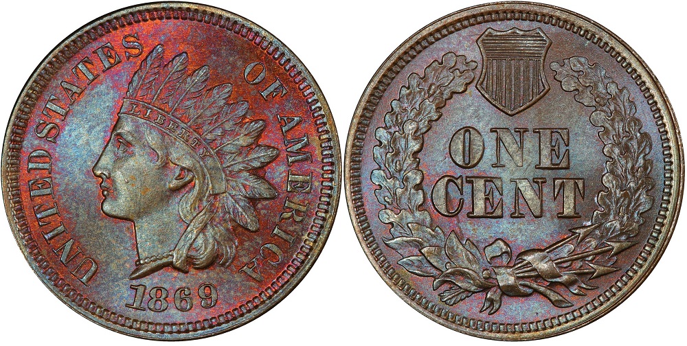 Grading strip showing four 1869 Indian Head pennies from worn G-4 through Fine F-12, Extremely Fine EF-40, to Uncirculated MS-63 condition